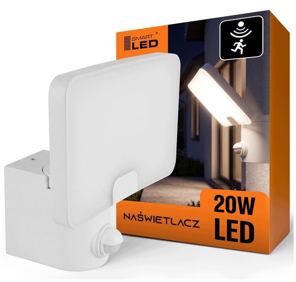 Bílý LED reflektor 20 W s pohybovým čidlem, IP65, teplá bílá