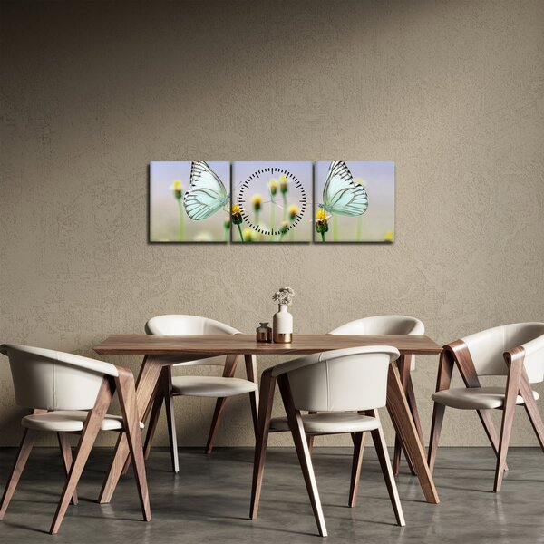 Obraz motýlů na květině (s hodinami) (90x30 cm)
