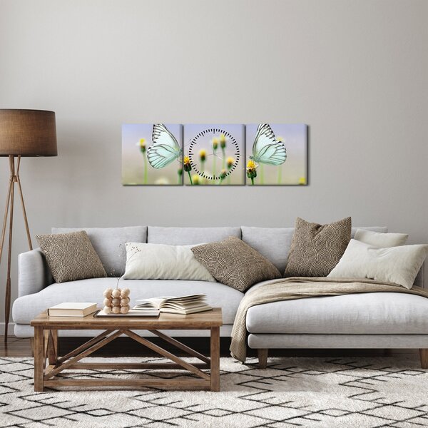 Obraz motýlů na květině (s hodinami) (90x30 cm)