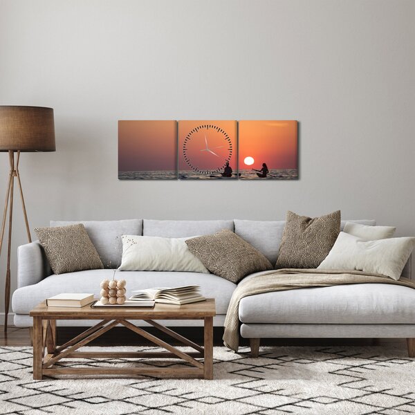 Obraz kanoistů při západu slunce (s hodinami) (90x30 cm)