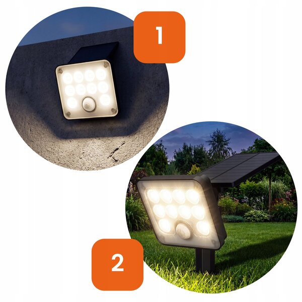 LED solární zápichové svítidlo 400 lm s pohybovým čidlem, 4 W, neutrální bílá, IP65, 9 × 14 cm