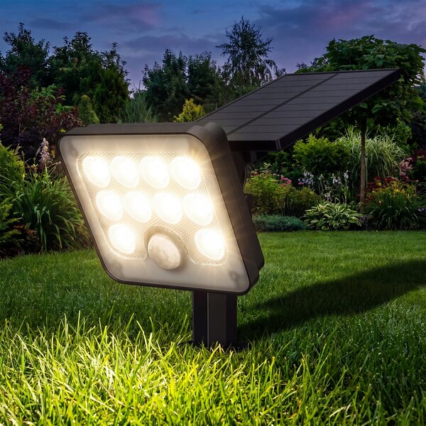 LED solární zápichové svítidlo 400 lm s pohybovým čidlem, 4 W, neutrální bílá, IP65, 9 × 14 cm