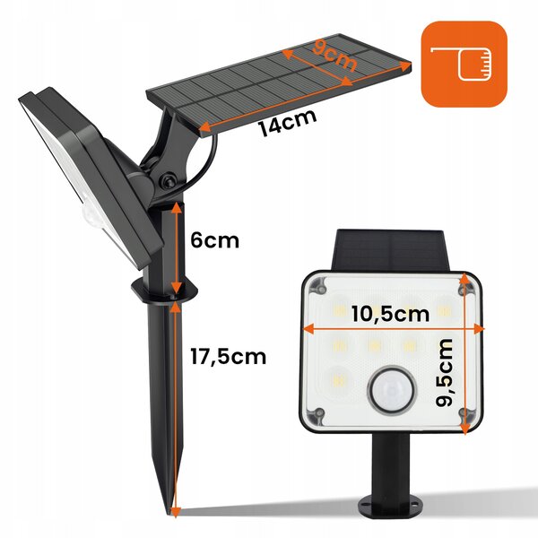 LED solární zápichové svítidlo 400 lm s pohybovým čidlem, 4 W, neutrální bílá, IP65, 9 × 14 cm