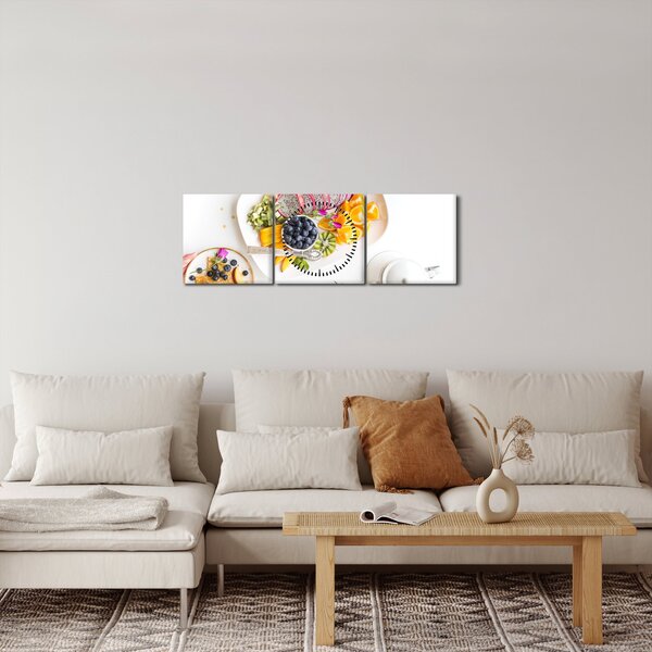 Obraz talířů s ovocem na stole (s hodinami) (90x30 cm)
