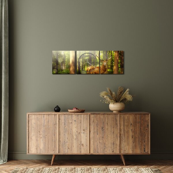 Obraz jelena v lese (s hodinami) (90x30 cm)