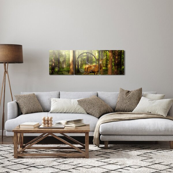 Obraz jelena v lese (s hodinami) (90x30 cm)
