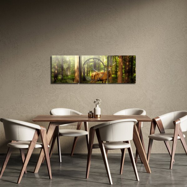 Obraz jelena v lese (s hodinami) (90x30 cm)