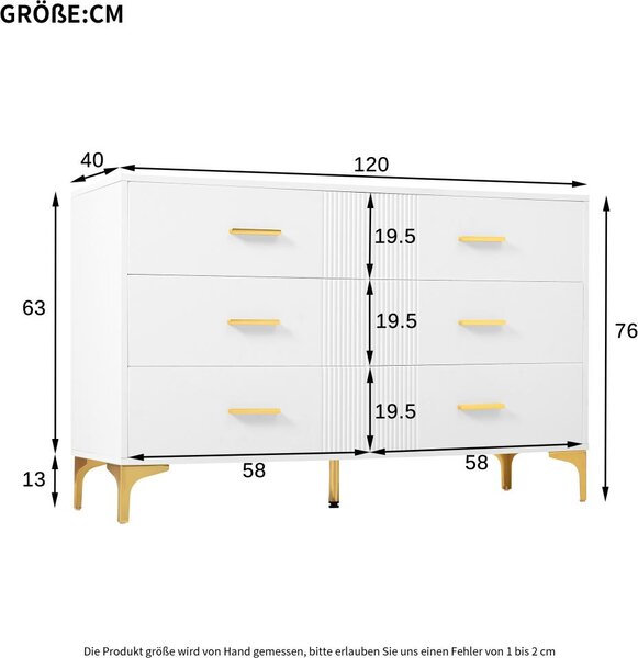 Komoda se 6 zásuvkami - Bílá komoda s dvířky do obývacího pokoje a ložnice, rozměry: V76/B120/T40 cm