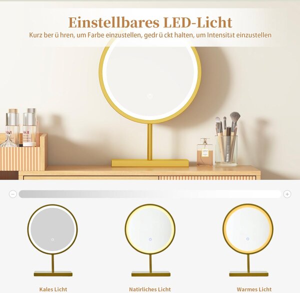 Elegantní toaletní stolek s LED osvětlením a zrcadlem, vyrobený z dřeva, ideální do ložnice – Obsahuje 3 zásuvky a boční skříňku, rozměry 120x40x90 cm