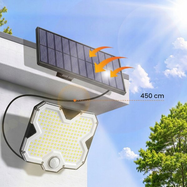 LED solární svítidlo s pohybovým čidlem a panelem, IP44, 3 W, 300 lm, 6500 K