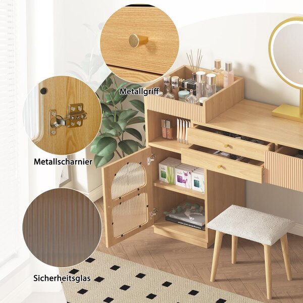 Elegantní toaletní stolek s LED osvětlením a zrcadlem, vyrobený z dřeva, ideální do ložnice – Obsahuje 3 zásuvky a boční skříňku, rozměry 120x40x90 cm