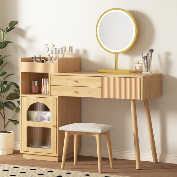 Elegantní toaletní stolek s LED osvětlením a zrcadlem, vyrobený z dřeva, ideální do ložnice – Obsahuje 3 zásuvky a boční skříňku, rozměry 120x40x90 cm