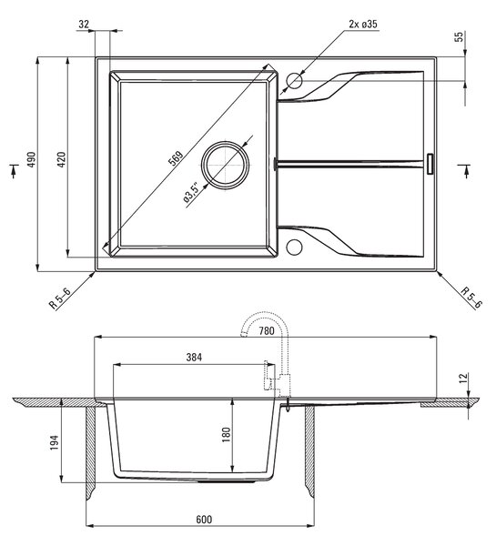 Deante Andante Flush, granitový dřez 780x490x194 mm, 3,5" + prostorově úsporný sifon, 1-komorový, černá, ZQN_N11F