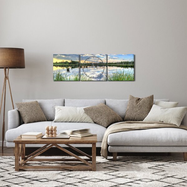 Obraz jezera s rákosím (s hodinami) (90x30 cm)