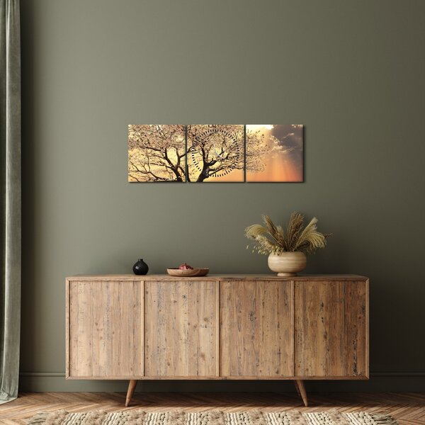 Obraz stromu na louce (s hodinami) (90x30 cm)