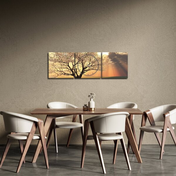 Obraz stromu na louce (s hodinami) (90x30 cm)