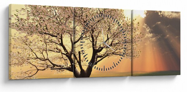 Obraz stromu na louce (s hodinami) (90x30 cm)