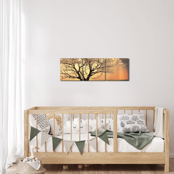Obraz stromu na louce (s hodinami) (90x30 cm)