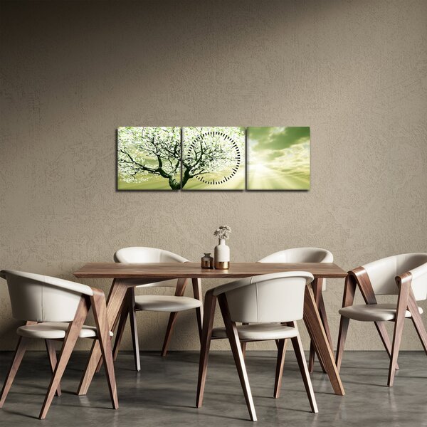 Obraz stromu na louce (s hodinami) (90x30 cm)