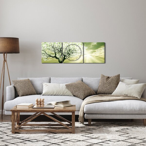 Obraz stromu na louce (s hodinami) (90x30 cm)