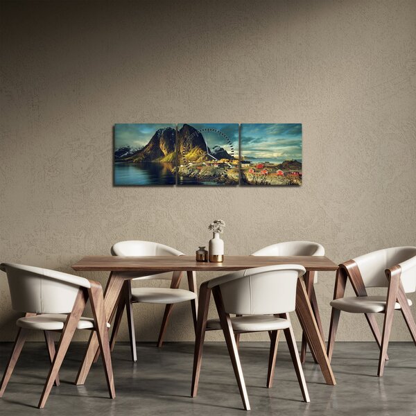 Obraz rybářské vesnice v Norsku (s hodinami) (90x30 cm)