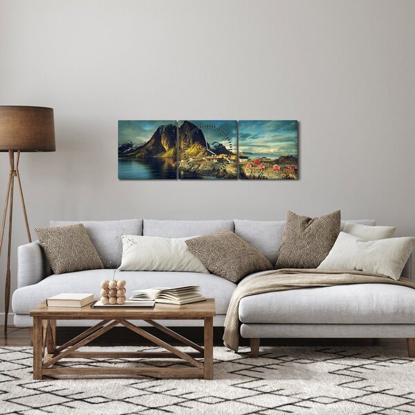 Obraz rybářské vesnice v Norsku (s hodinami) (90x30 cm)