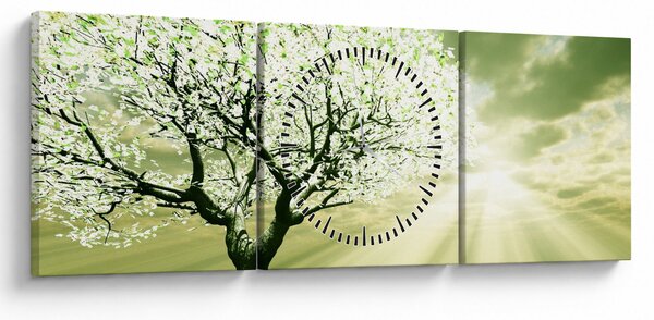 Obraz stromu na louce (s hodinami) (90x30 cm)