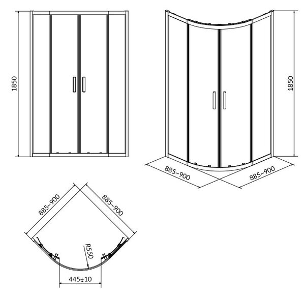 Cersanit Basic+Tak, čtvrtkruhový sprchový kout 90x90x185 cm + sprchová vanička 90x16cm, bílá, S601-118