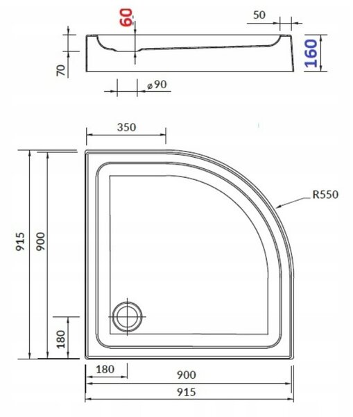 Cersanit Basic+Tak, čtvrtkruhový sprchový kout 90x90x185 cm + sprchová vanička 90x16cm, bílá, S601-118