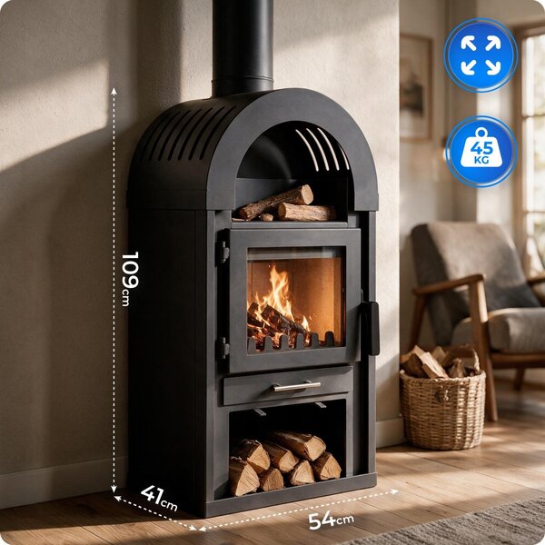 Krbová kamna EMBER 9,5 kW na dřevo, volně stojící, litinový rošt, popelník, police na dřevo, kouřovod 150 mm