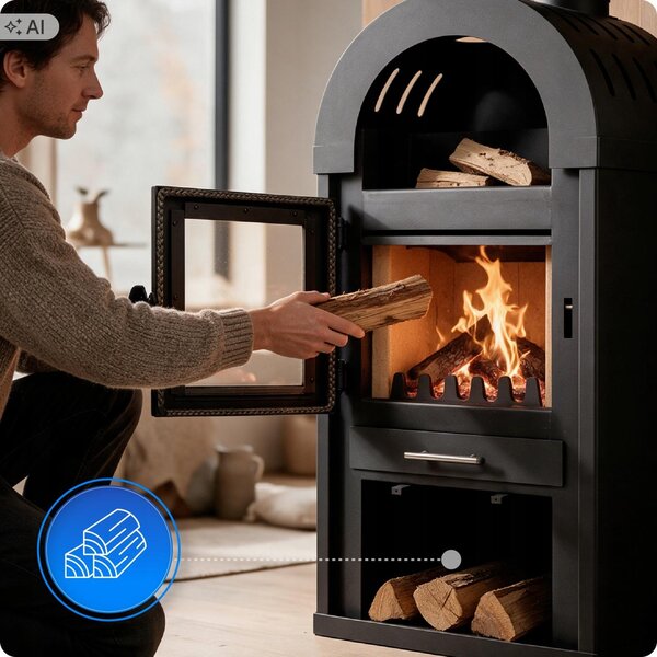 Krbová kamna EMBER 9,5 kW na dřevo, volně stojící, litinový rošt, popelník, police na dřevo, kouřovod 150 mm