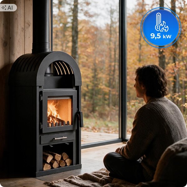 Krbová kamna EMBER 9,5 kW na dřevo, volně stojící, litinový rošt, popelník, police na dřevo, kouřovod 150 mm