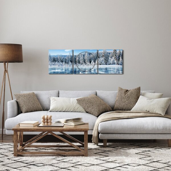 Obraz zamrzlého jezera a zasněžených stromů (s hodinami) (90x30 cm)