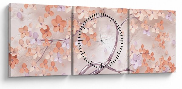 Obraz korálových květů stromu - abstrakt (s hodinami) (90x30 cm)