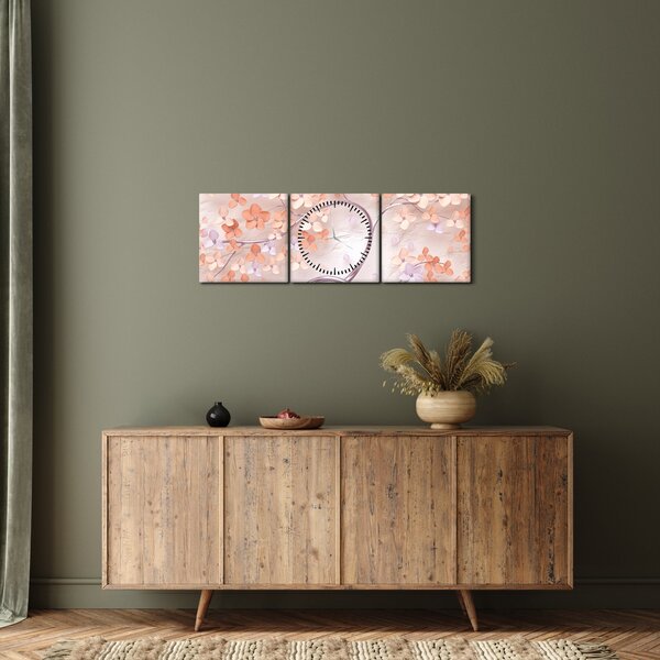 Obraz korálových květů stromu - abstrakt (s hodinami) (90x30 cm)