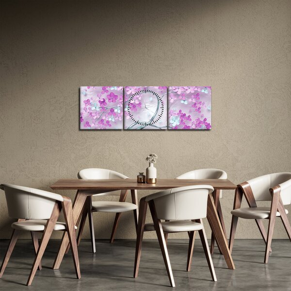 Obraz květů na stříbrném kmeni - abstrakt (s hodinami) (90x30 cm)