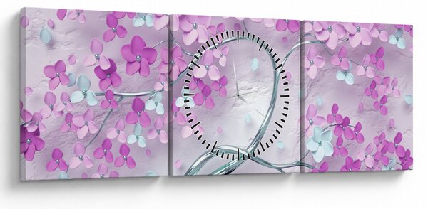 Obraz květů na stříbrném kmeni - abstrakt (s hodinami) (90x30 cm)