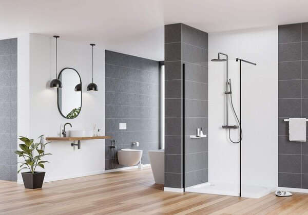 Deante Kerria Plus, Walk-in sprchová zástěna 80cm, výška 200cm, 6mm čiré sklo s ActiveCover, černý profil, KTS_N38P