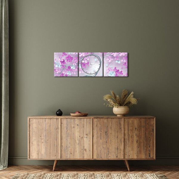 Obraz květů na stříbrném kmeni - abstrakt (s hodinami) (90x30 cm)