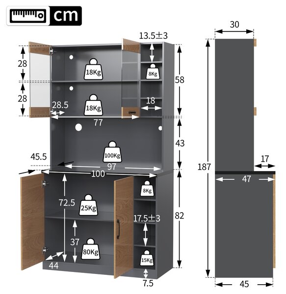Kuchyňská skříňka s LED osvětlením, volně stojící dřevěná vysoká deska, 100x47x187cm, hnědá