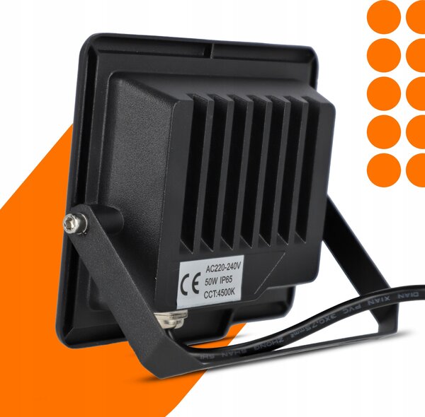 Solární LED reflektor 50 W, 4500 K, neutrální bílá, IP65, úhel 120°, 15 × 12 × 3 cm