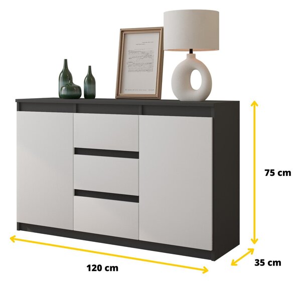 MIKEL - Komoda / příborník se 3 zásuvkami a 2 dvířky - antracitově šedá / bílá matná V75cm Š120cm D35cm