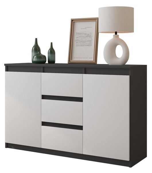 MIKEL - Komoda / příborník se 3 zásuvkami a 2 dvířky - antracitově šedá / bílá matná V75cm Š120cm D35cm