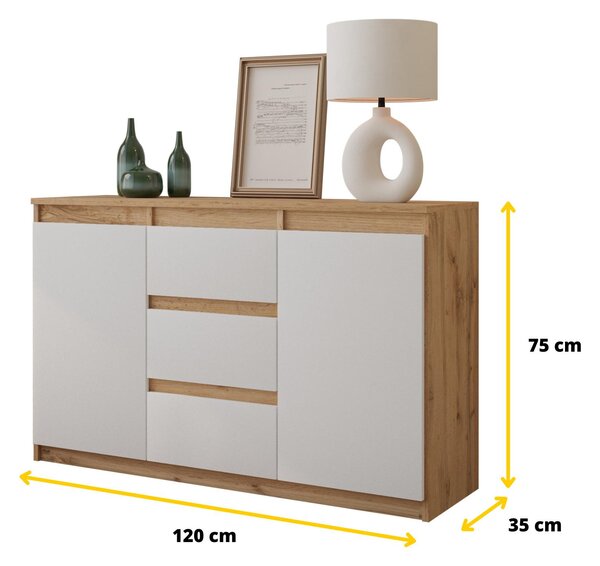 Komoda 120 cm, dub Wotan / matná bílá, 3 zásuvky, 2 dvířka, 2 police, obývací pokoj