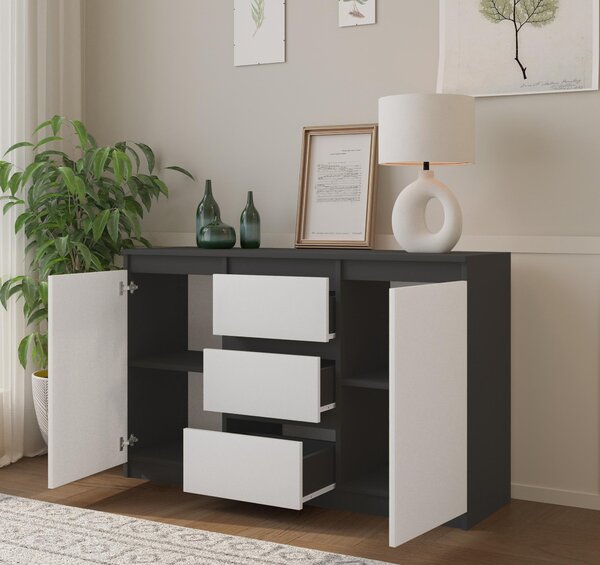 MIKEL - Komoda / příborník se 3 zásuvkami a 2 dvířky - antracitově šedá / bílá matná V75cm Š120cm D35cm