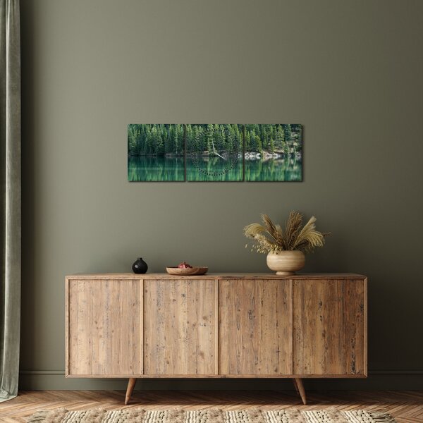 Obraz - Jehličnany u jezera (s hodinami) (90x30 cm)