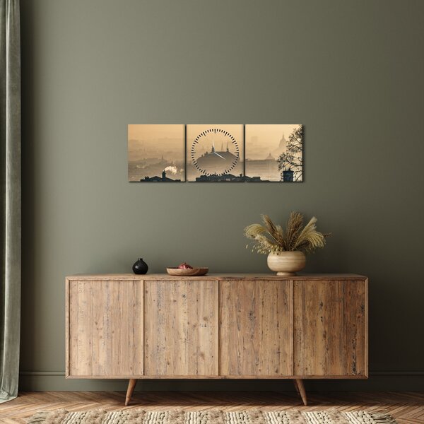 Obraz - Město pod mlhou (s hodinami) (90x30 cm)