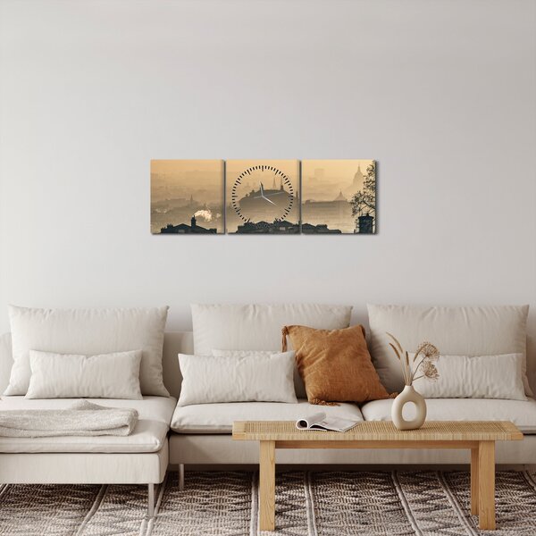 Obraz - Město pod mlhou (s hodinami) (90x30 cm)