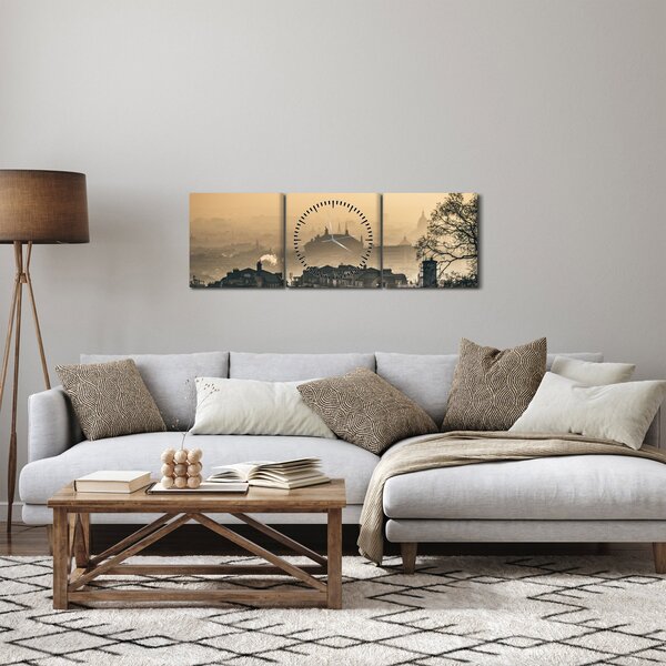 Obraz - Město pod mlhou (s hodinami) (90x30 cm)