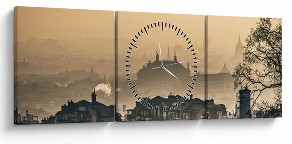 Obraz - Město pod mlhou (s hodinami) (90x30 cm)